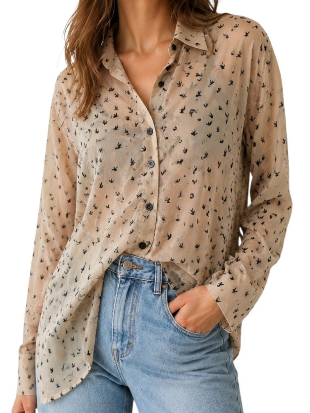 Atmosphere Swallow Print Blouse Women 10 Tan Black